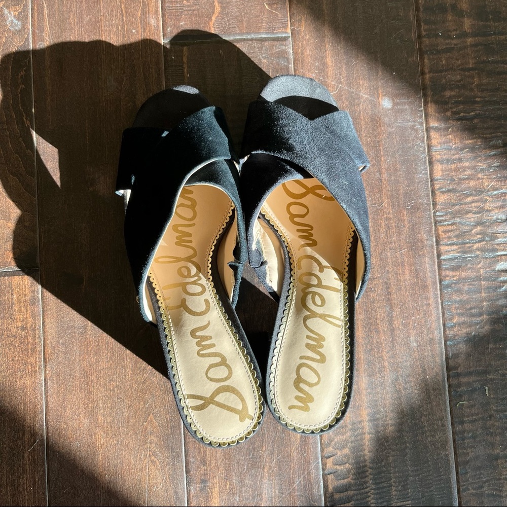 black suede Sam Edelman criss cross platform slide heeled sandals